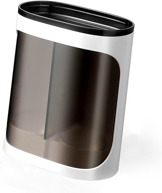 Witte bekerdispenser met donker doorschijnend voorpaneel, geïsoleerd op een witte achtergrond.