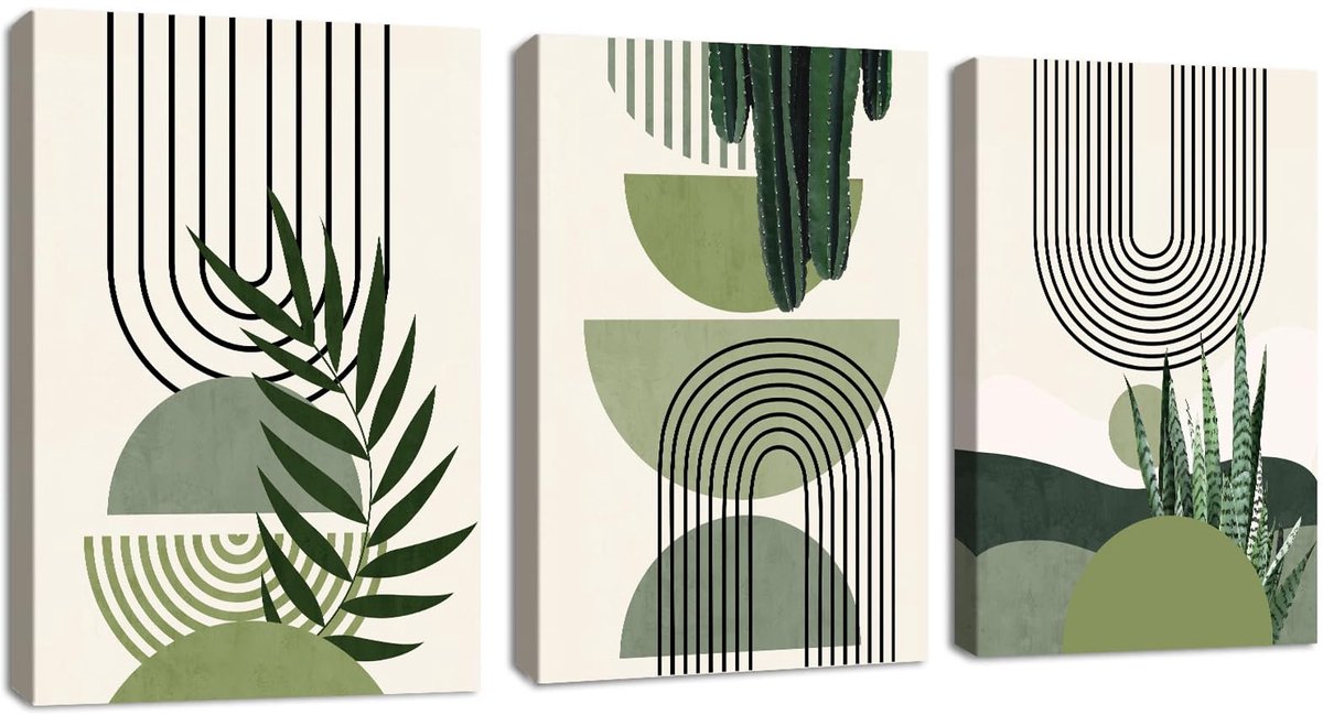 Ibenzoa Drie Stuks Bohemian Groene Bladeren Canvas Kunst Set voor Moderne Wanddecoratie in Woonkamer