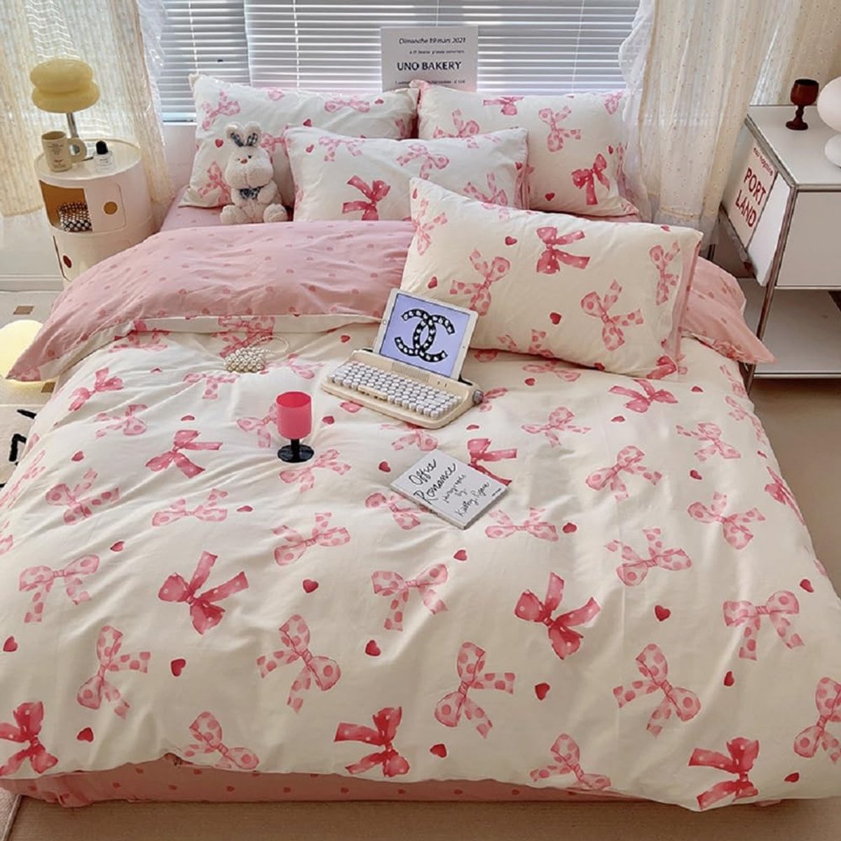 Ibenzoa® Beddengoedset voor meisjes met roze strikken en harten, microvezel, omkeerbaar ontwerp, 135 x 200 cm