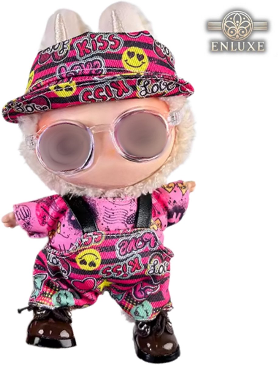 Festival Outfitje Kleding – In Velle Roze en Blauwe Kleuren – Met Brilletje en Schoentjes – Speels & Cute Accessoire Geschikt voor Labubu (Pop Niet Inbegrepen)