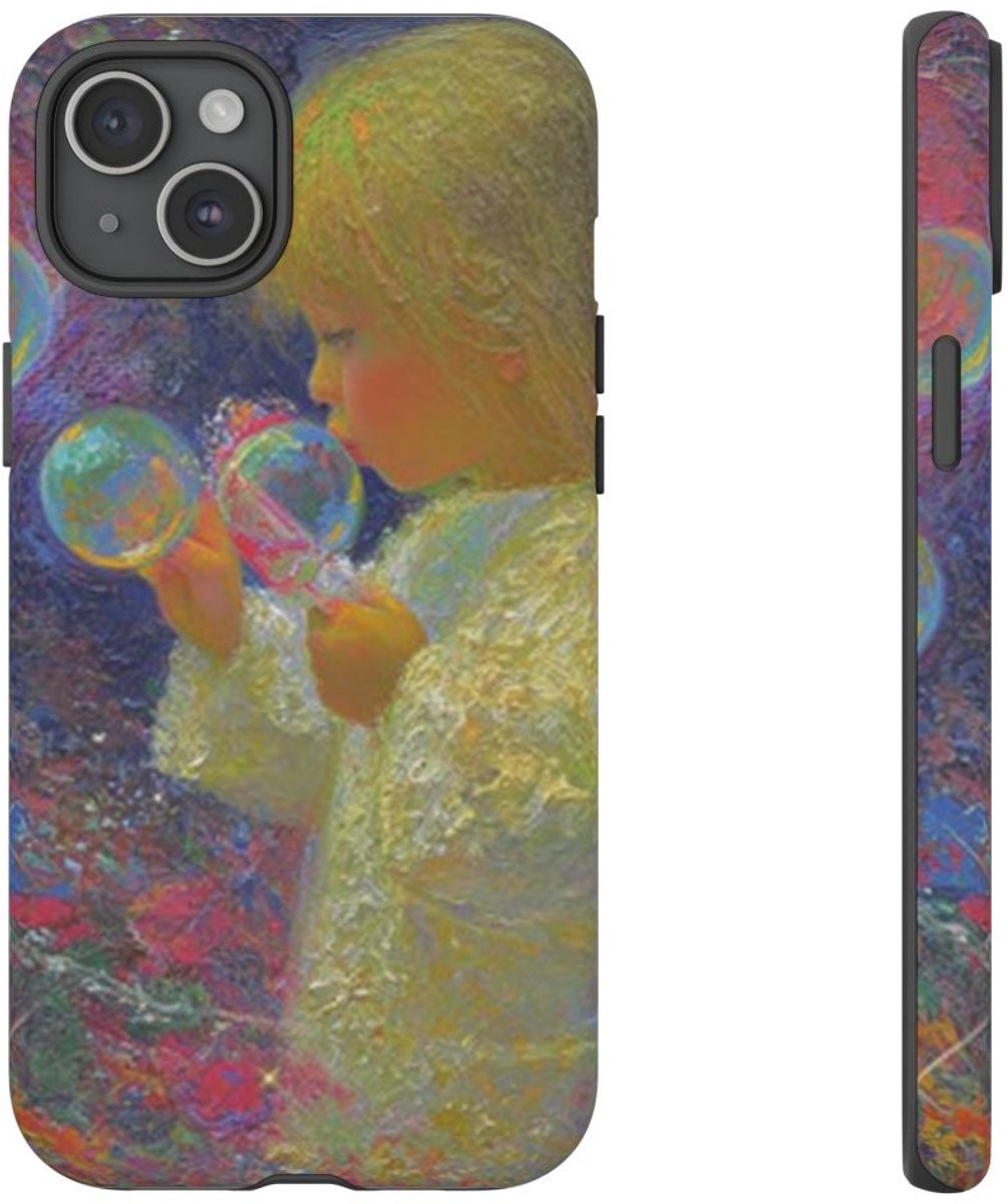 Engel die Zeepbellen Blaast tussen Bloemen – Telefoonhoesje Geschikt voor iPhone 15 Plus