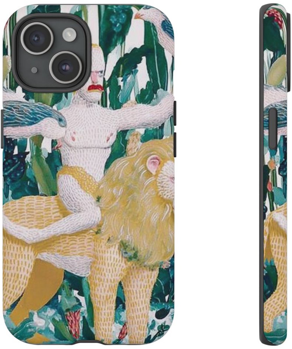 Surrealistische Man met Vogels op Leeuw – Telefoonhoesje Geschikt voor iPhone 15