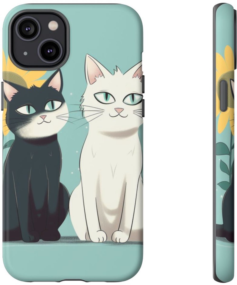 Twee Cartoonkatten met Zonnebloem – Telefoonhoesje Geschikt voor iPhone 14 Plus
