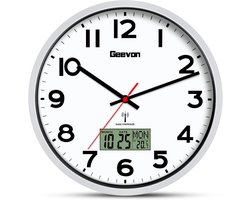 Geevon DCF wandklok zonder tikkende geluiden, 12 inch radiogestuurde klok met temperatuurweergave wandklokken, klokken, digitale wandklok, woonkamer klok, wand keukenklok, wandklok seiko stil