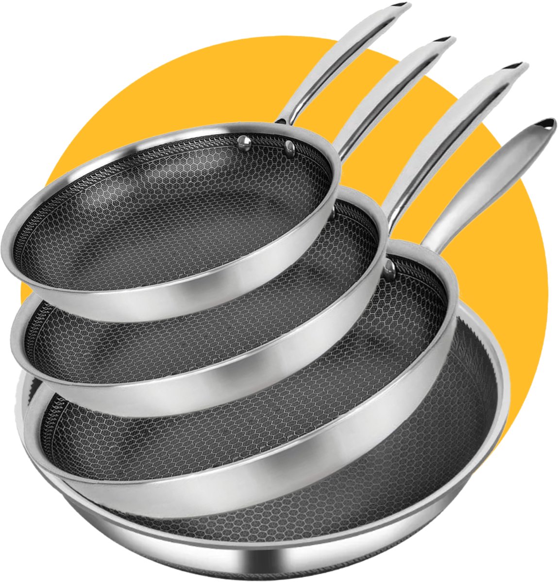 Pasper Pannenset Ø 28, 24, 20 en wok 28 cm - PFAS & PTFE vrij - Inductie, Elektrisch, Keramisch & Gas - RVS Honingraat Anti-Aanbakpan