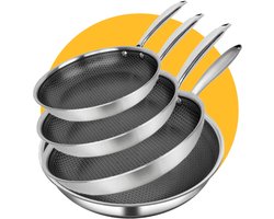 Pasper Pannenset Ø 28, 24, 20 en wok 28 cm - PFAS & PTFE vrij - Inductie, Elektrisch, Keramisch & Gas - RVS Honingraat Anti-Aanbakpan