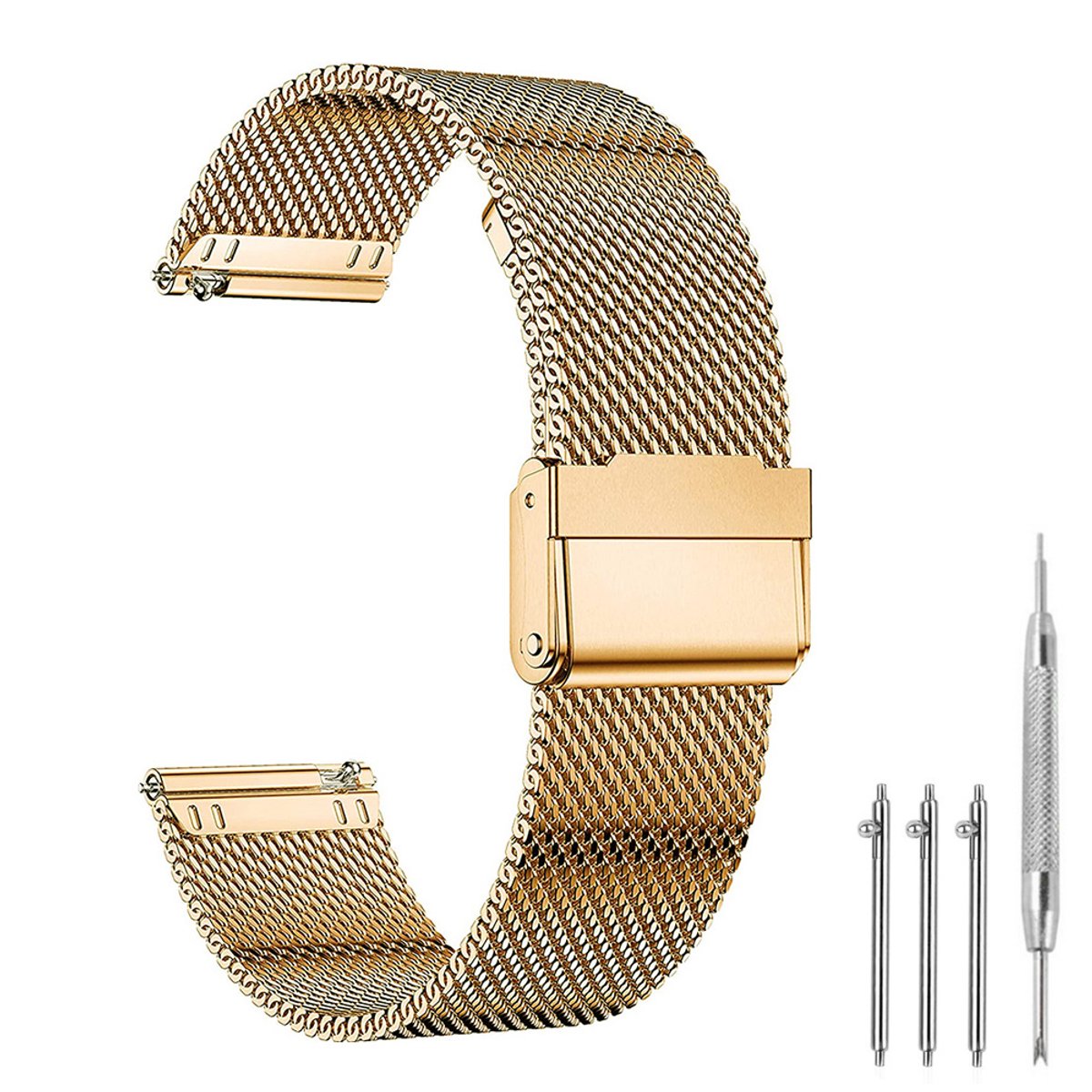 Premium Milanese Mesh Horlogeband - 22mm - Roestvrijstalen RVS Band Met Interlock Veiligheidssluiting - Universeel Verstelbaar Polsbandje (167-252mm) - Geschikt Voor Smartwatch Traditioneel Horloge - Goud - Incl. Snelsluiting En Gereedschap