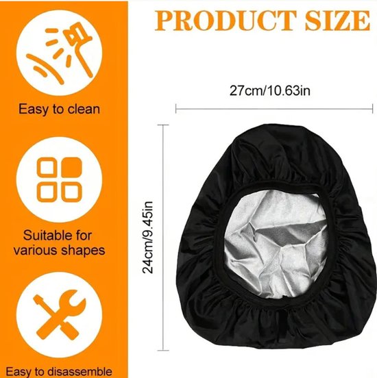 Afmetingen van een zwarte fietshoes: 27cm/10.63in lang, 24cm/9.45in breed. Iconen tonen eenvoudige reiniging, geschiktheid voor diverse vormen en eenvoudige demontage.