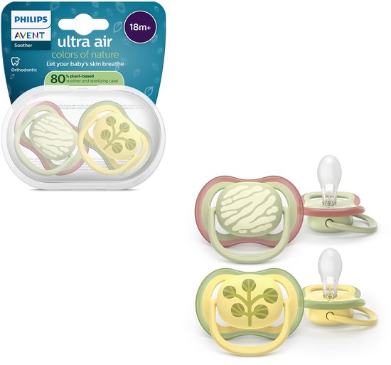 Emballage Philips Avent et deux sucettes ultra air, 18m+. Sucette avec imprimé zèbre et sucette avec imprimé arbre.