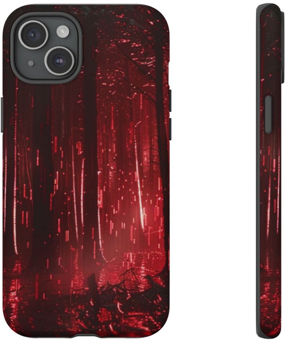 Donkerrood Verlichte Bos – Telefoonhoesje Geschikt voor iPhone 15 Plus