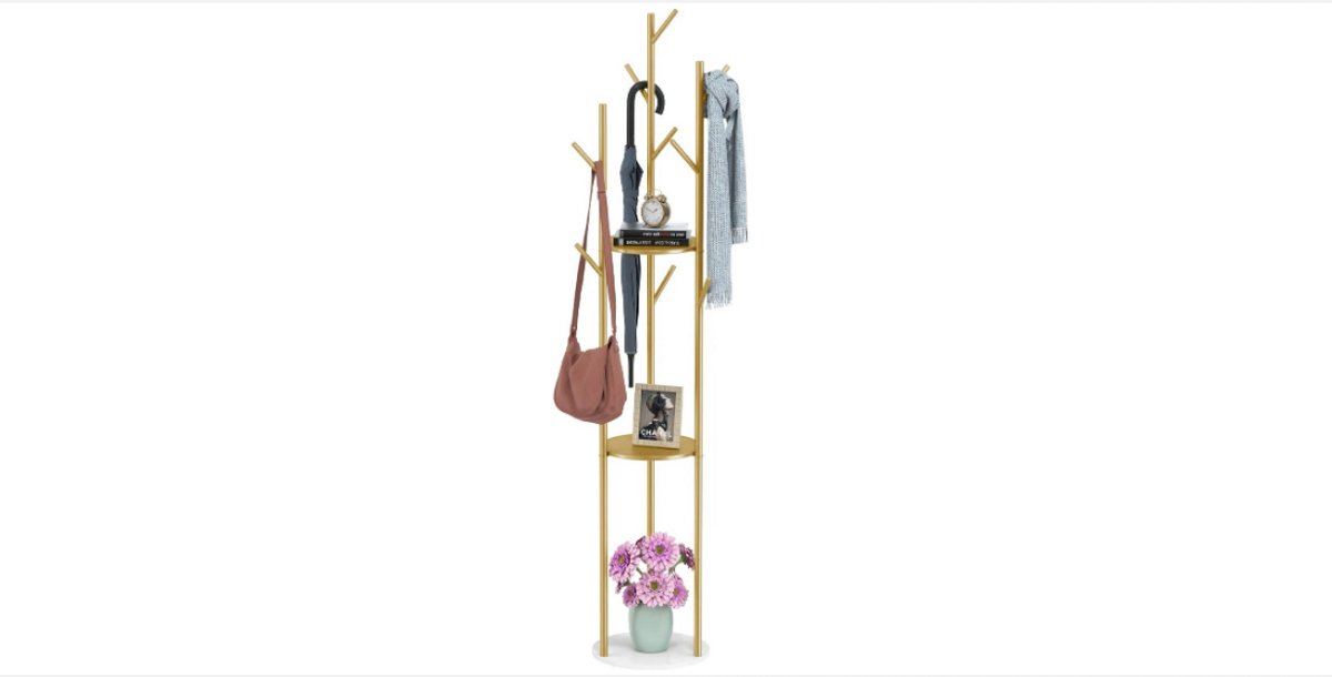 QPFO® Kapstok Staand met 3 Planken & 9 Haken – Marmer & Goud – 31,7x172,5 cm – Voor Jassen, Tassen & Hoeden