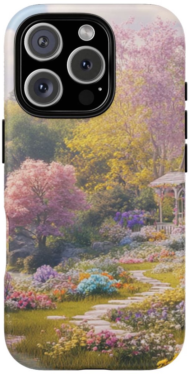 Bloemrijke Tuin met Waterval – Telefoonhoesje Geschikt voor iPhone 16 Pro
