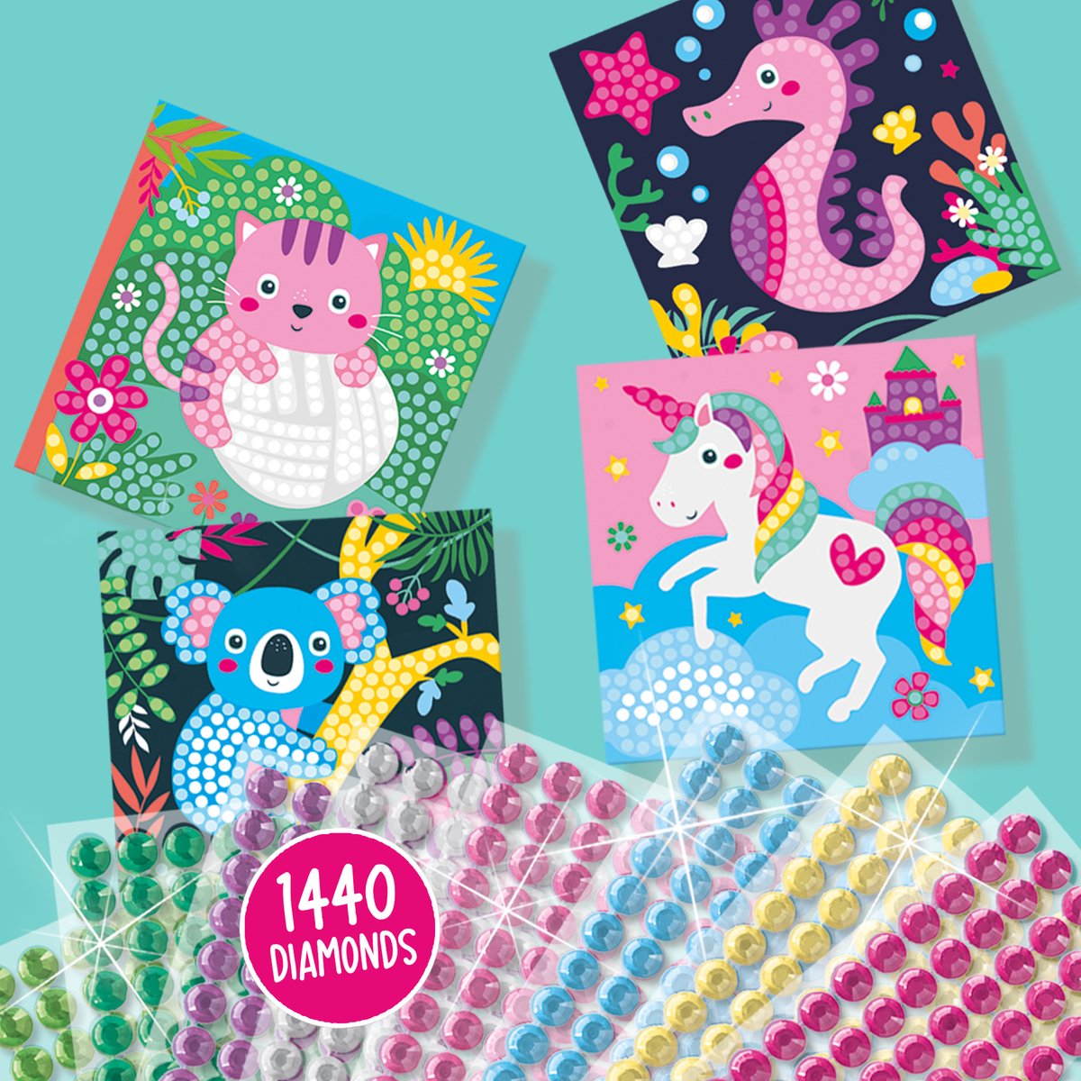 SES Creative - Hobby Pink - Diamond Painting - Vrolijke Dieren - Knutselen Meisjes - 1440 Diamant Stickers met 4 Gekleurde Kaarten - Vanaf 3 jaar — afbeelding 5