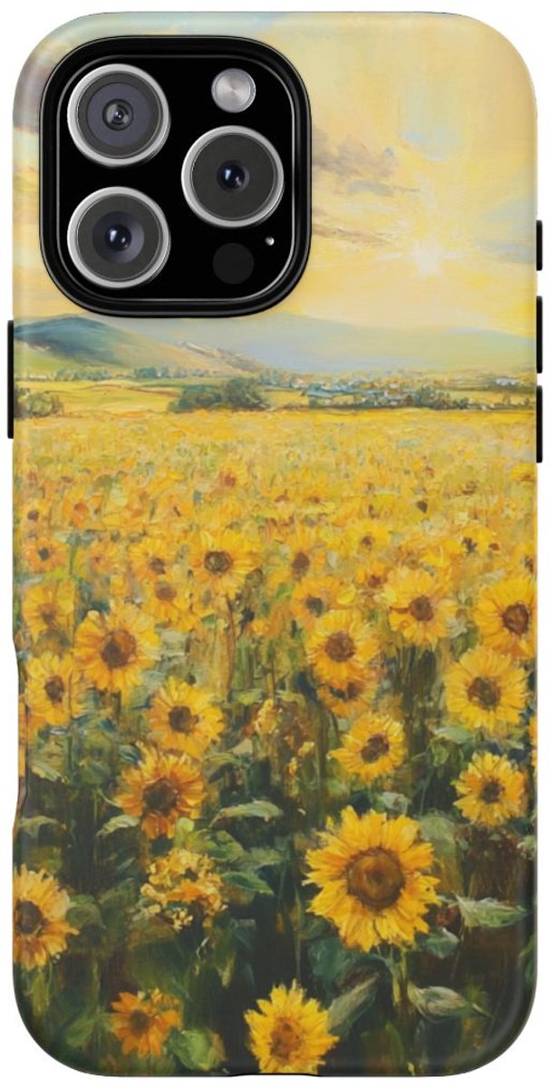 Zonnebloemveld bij Zonsopkomst – Telefoonhoesje Geschikt voor iPhone 16 Pro Max