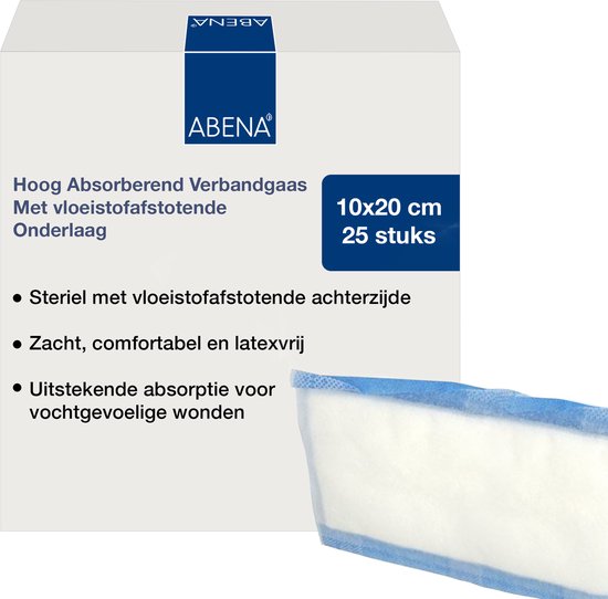 Abena Hoog Absorberend Verbandgaas, 10x20 cm, 25 stuks. Steriel, zacht en latexvrij.
