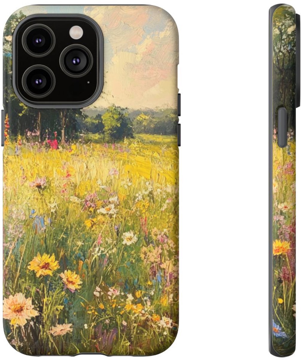 Zonnige Bloemenweide Schildering – Telefoonhoesje Geschikt voor iPhone 14 Pro Max