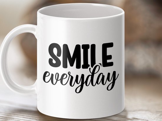 smile everyday, happy vibes mug, motivational mug, inspirational mug, positive quote mug, coffee lover gift, tea lover gift, gift for friends, gift for family, positive message, daily reminder, smile more often, start the day right