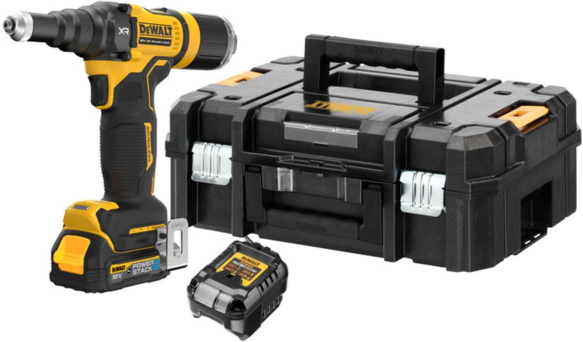 DeWALT Gereedschap - 18V Accu-klinknagelpistool, 2x accu 1,7 Ah POWERSTACK, lader DCF403E1GT