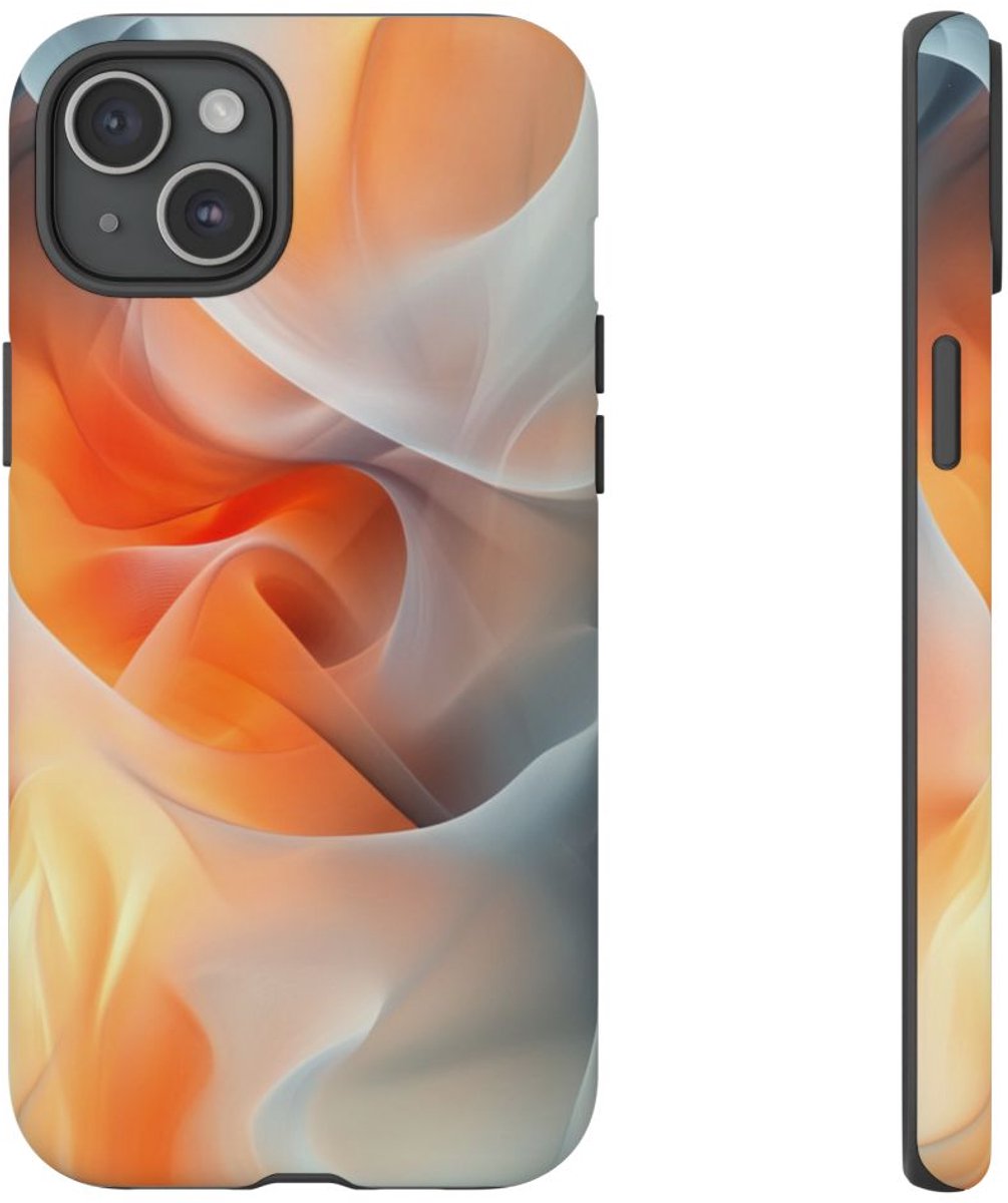 Abstracte Oranje en Grijze Wervelingen – Telefoonhoesje Geschikt voor iPhone 15 Plus