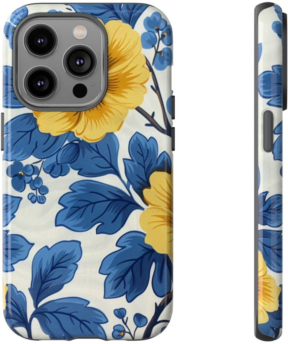 Blauw-Geel Bloemenpatroon – Telefoonhoesje Geschikt voor iPhone 14 Pro