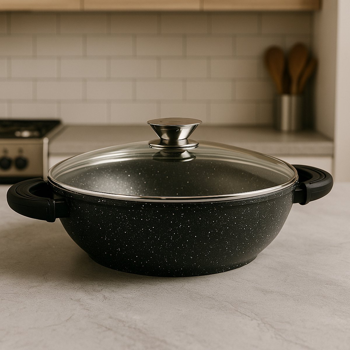 Wokpan 36 cm – Luxe Glazen Deksel & Dubbele Handgrepen