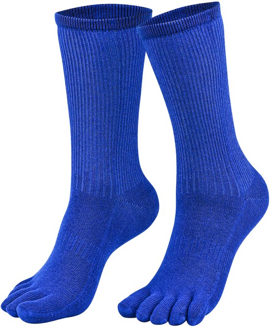Blauwe teensokken van bamboe en katoen met geribde boord.