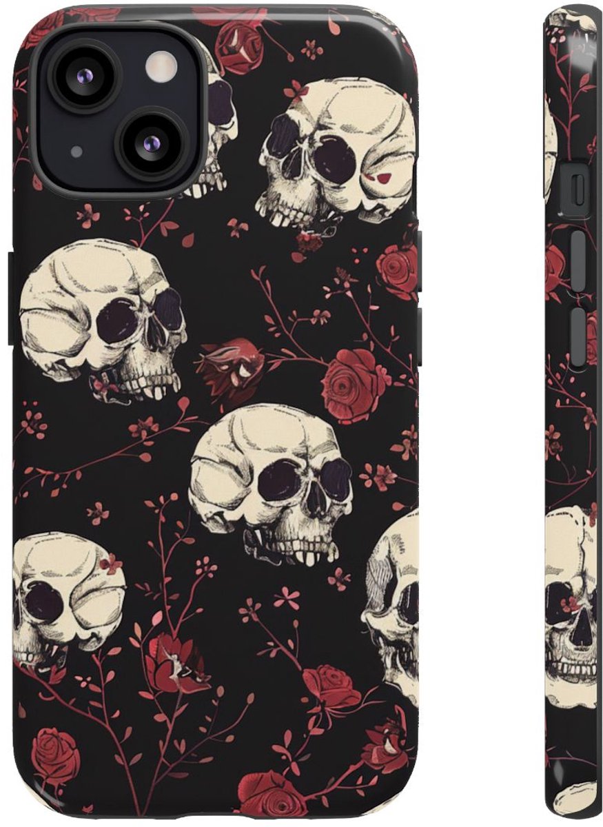 Schedels en Rode Rozenpatroon – Telefoonhoesje Geschikt voor iPhone 13