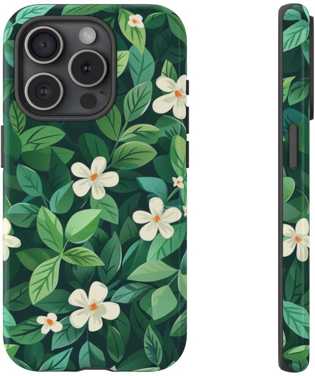 Groene Bladeren en Witte Bloemenpatroon – Telefoonhoesje Geschikt voor iPhone 15 Pro