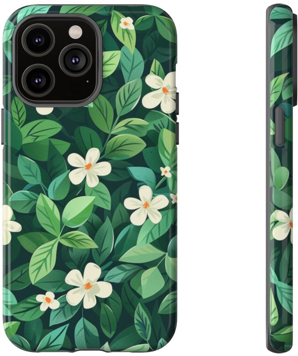Groene Bladeren en Witte Bloemenpatroon – Telefoonhoesje Geschikt voor iPhone 14 Pro Max