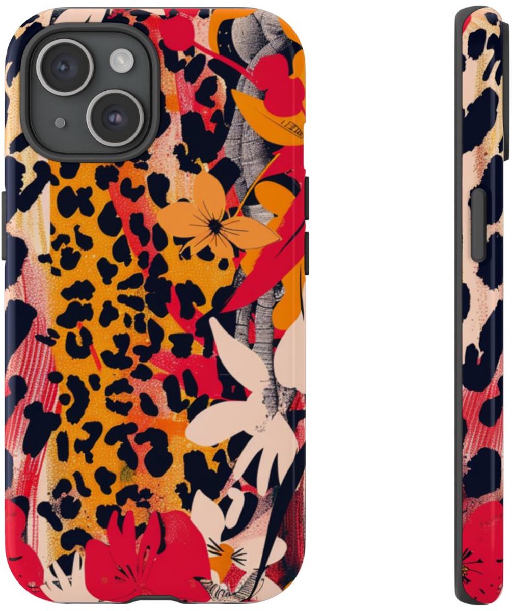 Abstracte Bloemen- en Dierenprint – Telefoonhoesje Geschikt voor iPhone 15