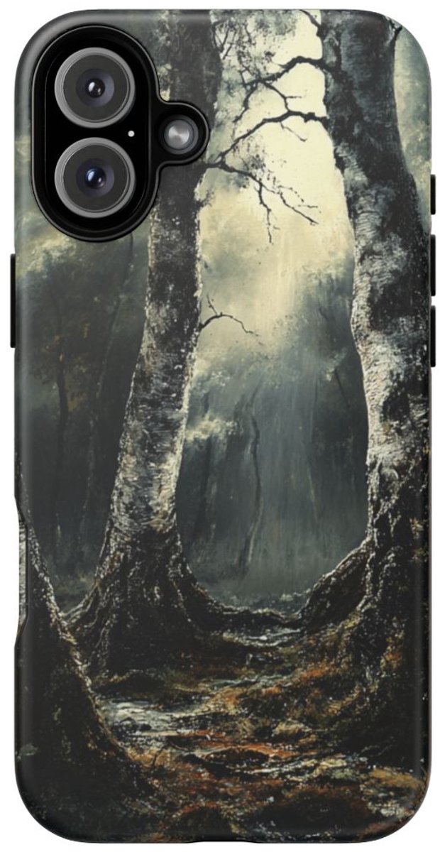 Gothische Berkenbomen in Donker Bos – Telefoonhoesje Geschikt voor iPhone 16 Plus