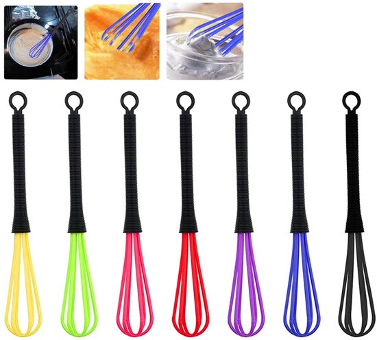 Gros plan d'un ensemble de sept fouets de différentes couleurs : jaune, vert citron, rose, rouge, violet, bleu et noir.