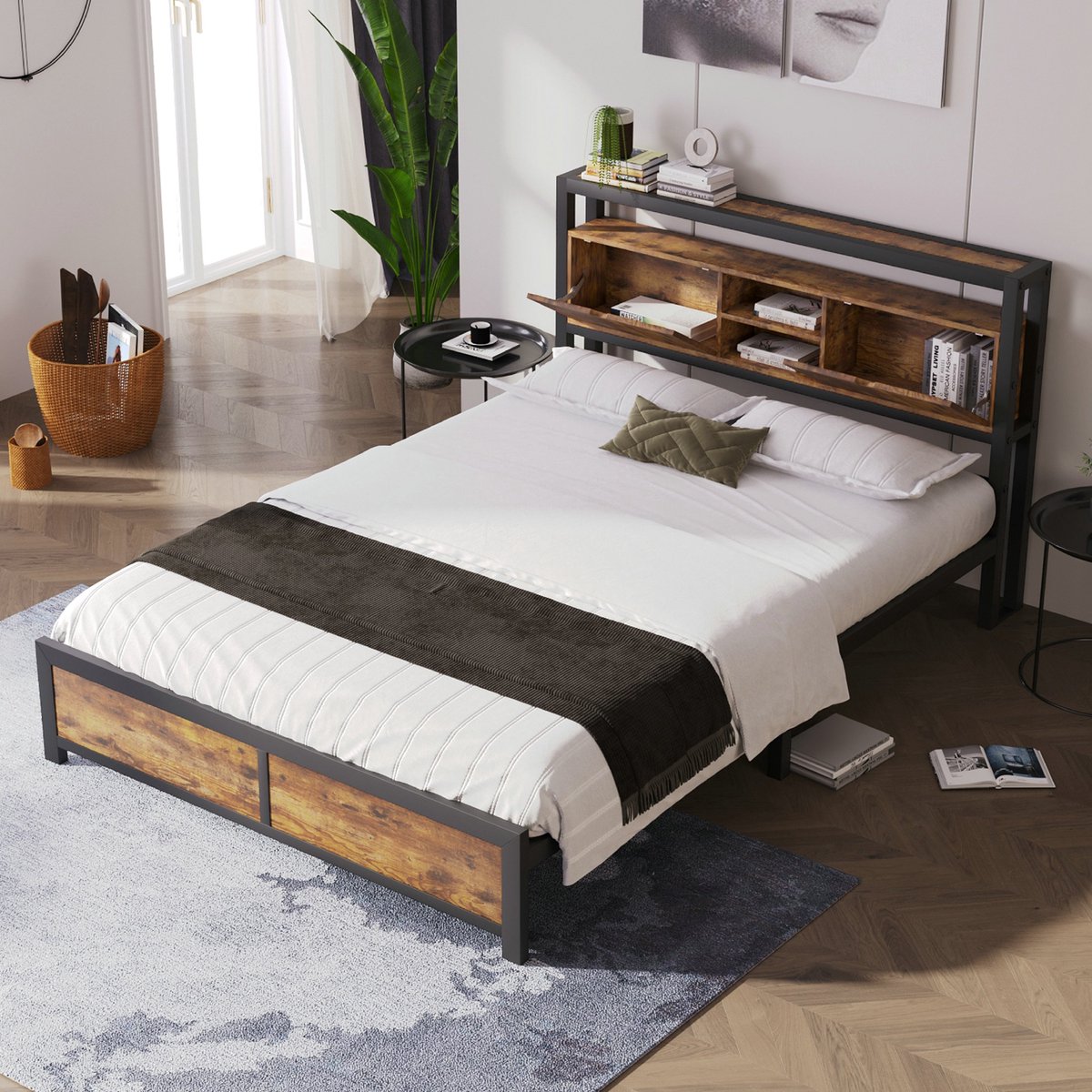 Opbergbed 140x200 cm voor volwassenen met opberghoofdeinde en metalen lattenbodem - Metaal + MDF - Industriële stijl - Naturel(Matras niet inbegrepen)