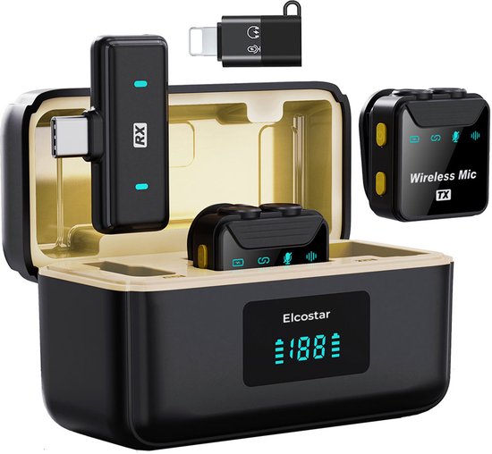 Microphone sans fil Elcostar© Pro - 2 pièces - Sans fil - Étui de chargement - Cravate - Bonnettes anti-vent - Pince-cravate - Plug & Play - Longue durée de vie de la batterie - USB-C et Lightning - Suppression du bruit
