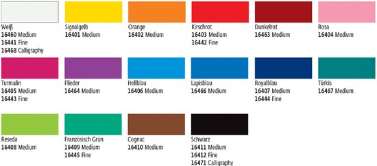 Tableau de couleurs avec 16 stylos de différentes couleurs et épaisseurs : blanc, jaune, orange, rouge, rouge foncé, rose, turquoise, vert, marron, noir, violet et bleu.
