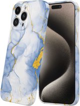 Smartphonica Telefoonhoesje Geschikt voor iPhone 15 Pro Max met Lichtblauw Goud Marmer Opdruk - Flexibel Softcase TPU - Backcover Case Lightblue Gold Marble Design geschikt voor iPhone 15 Pro Max