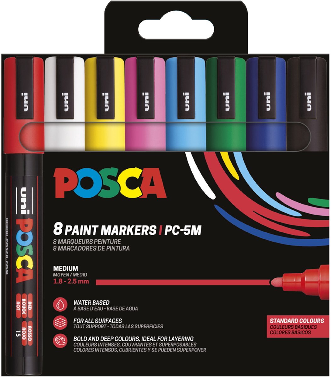 Posca stiften set 5M wit/zwart/goud/zilver — afbeelding 9