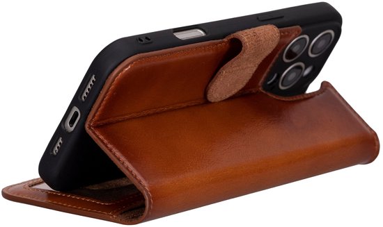 Étui en cuir iPhone 16 Plus - Solidenz Bookcase Étui en cuir iPhone 16 Plus - Cuir véritable - Étui téléphone avec porte-cartes - Étui en cuir pleine fleur - Marron