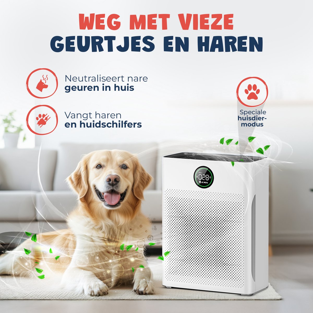 JC Pets Luchtreiniger / Air purifier met HEPA 13 Filter en Voorfilter - Huisdiermodus & App - Luchtfilter tegen Haren, Kattenbakgeur, Allergieën, Huisstofmijt en Hooikoorts - Luchtkwaliteitsindicator - Ruimtes tot 100 m²- CADR 246 m³/h — afbeelding 2