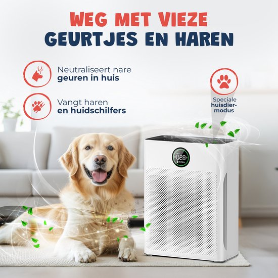 JC Pets Luchtreiniger / Air purifier met HEPA 13 Filter en Voorfilter - Huisdiermodus & App - Luchtfilter tegen Haren, Kattenbakgeur, Allergieën, Huisstofmijt en Hooikoorts - Luchtkwaliteitsindicator - Ruimtes tot 100 m²- CADR 246 m³/h