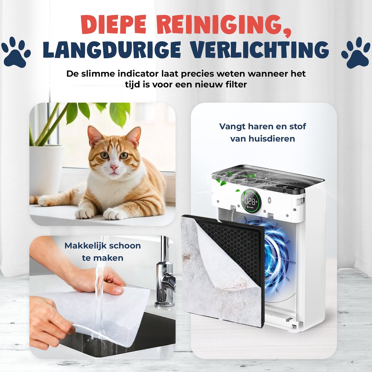 JC Pets Luchtreiniger / Air purifier met HEPA 13 Filter en Voorfilter - Huisdiermodus & App - Luchtfilter tegen Haren, Kattenbakgeur, Allergieën, Huisstofmijt en Hooikoorts - Luchtkwaliteitsindicator - Ruimtes tot 100 m²- CADR 246 m³/h — afbeelding 7
