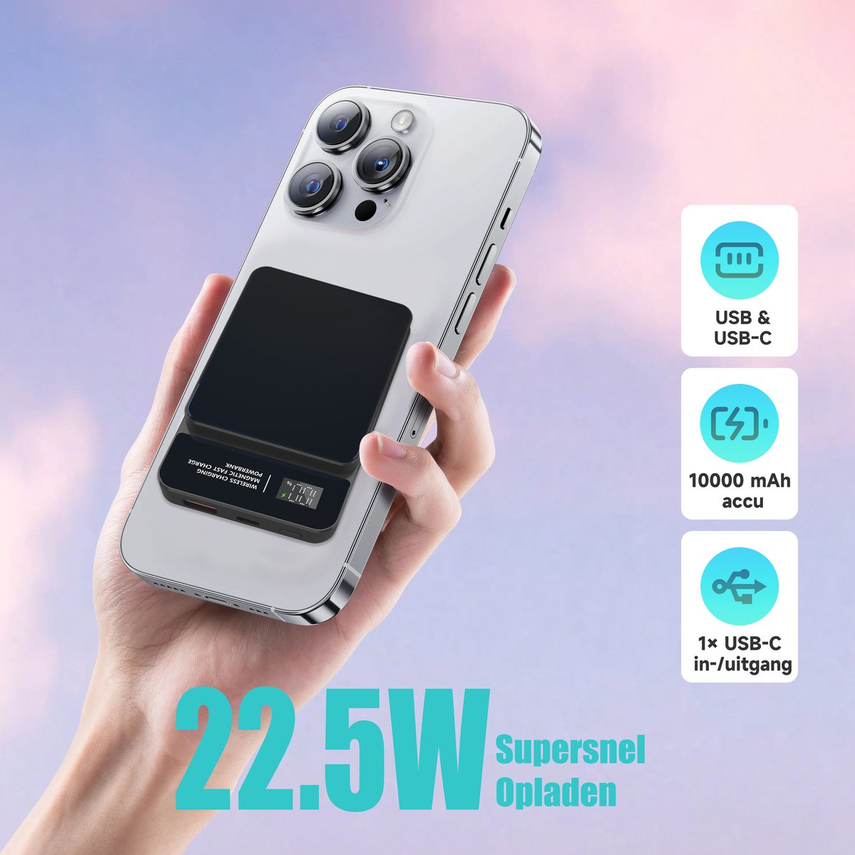 Sophitech Powerbank 10000mAh – Draadloze Snellader 15W – MagSafe Compatibel – USB-A/USB-C & Type-C In/Output – LED Display – Geschikt voor iOS/Android – Universele Powerbank – Compact & Draagbaar – Inclusief Snellaad Kabel — cadeau in Elektronica - foto 2