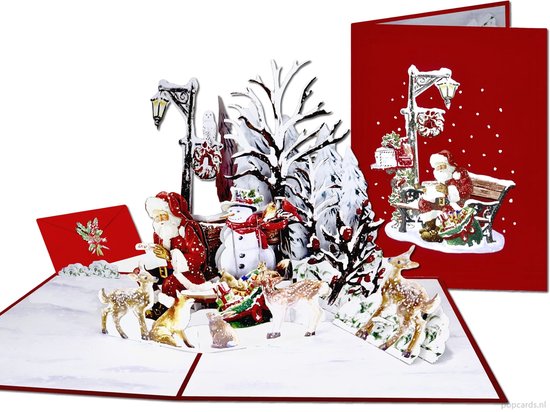 Popcards pop-up kaart – Wonderschone Kerstkaart Kerstman met Sneeuwpop en Hertjes in Winters Landschap Kerst pop-up wenskaart 3D kaart