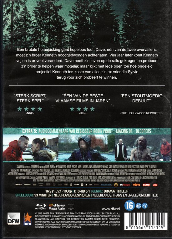 Achterkant Blu-ray hoes 'D'Ardennen' met tekst en speelduur 93 minuten.
