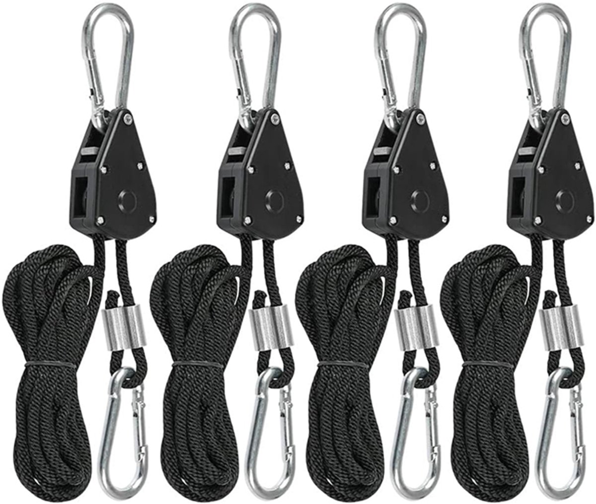 Touwratel - 4 Stuks - 2.4 m - Ratel - Ingebouwd Metalen Wiel - Trekhaak met Karabijnhaak - Verstelbare - Kabel en Ratel - Touwratel Hanger Set - Heftoestel - Geschikt voor het Ophangen van LED-plantenlampen, Ventilatoren, Filters, Bloempotten - Zwart