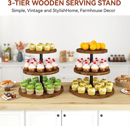 Ronde etagère van hout - Cupcakestandaard met metalen handgreep voor Ronde etagère van hout - Cupcakestandaard met metalen handgreep voor