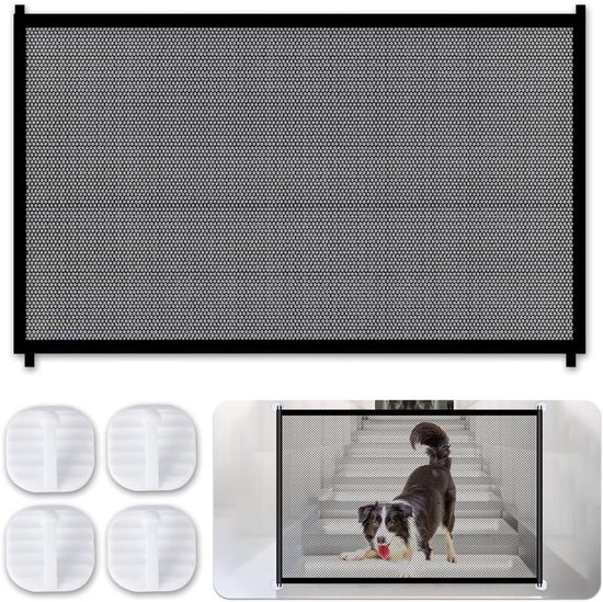 SNQ Huisdierhek - Universeel voor honden en katten - Traphekje van gaas - 110 × 72 cm - Draagbaar - Geschikt voor keukens, slaapkamers, woonkamers en gangen - Zwart