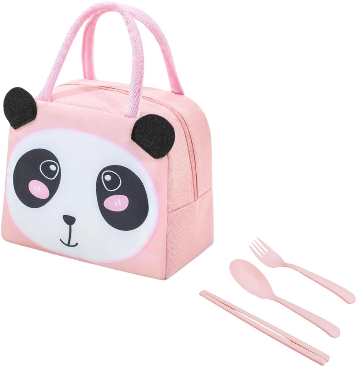 MEMOFYND 1-delige lunchtas met 3-delige bestekset, waterdichte cartoonlunchtas, kinderlunchtas, geïsoleerde lunchtas, draagbare lunchtas, herbruikbaar, roze