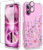 Compatibel met iPhone 16 hoesje 6,1'' 2024 met schermbeschermer en cameralensbeschermer, schokbestendig valbescherming antikras doorzichtig bloemen hoesje voor vrouwen, Floratopia/Kleurrijk