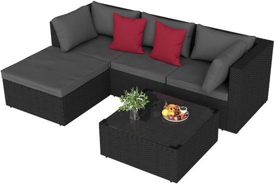 NAIZY Polyrattan Tuinmeubelset Loungeset met tuinbank, hoekbank, eettafel & 7 kussens tuinset tuinmeubelset zitgroep buiten vrije combinatie tuin loungeset
